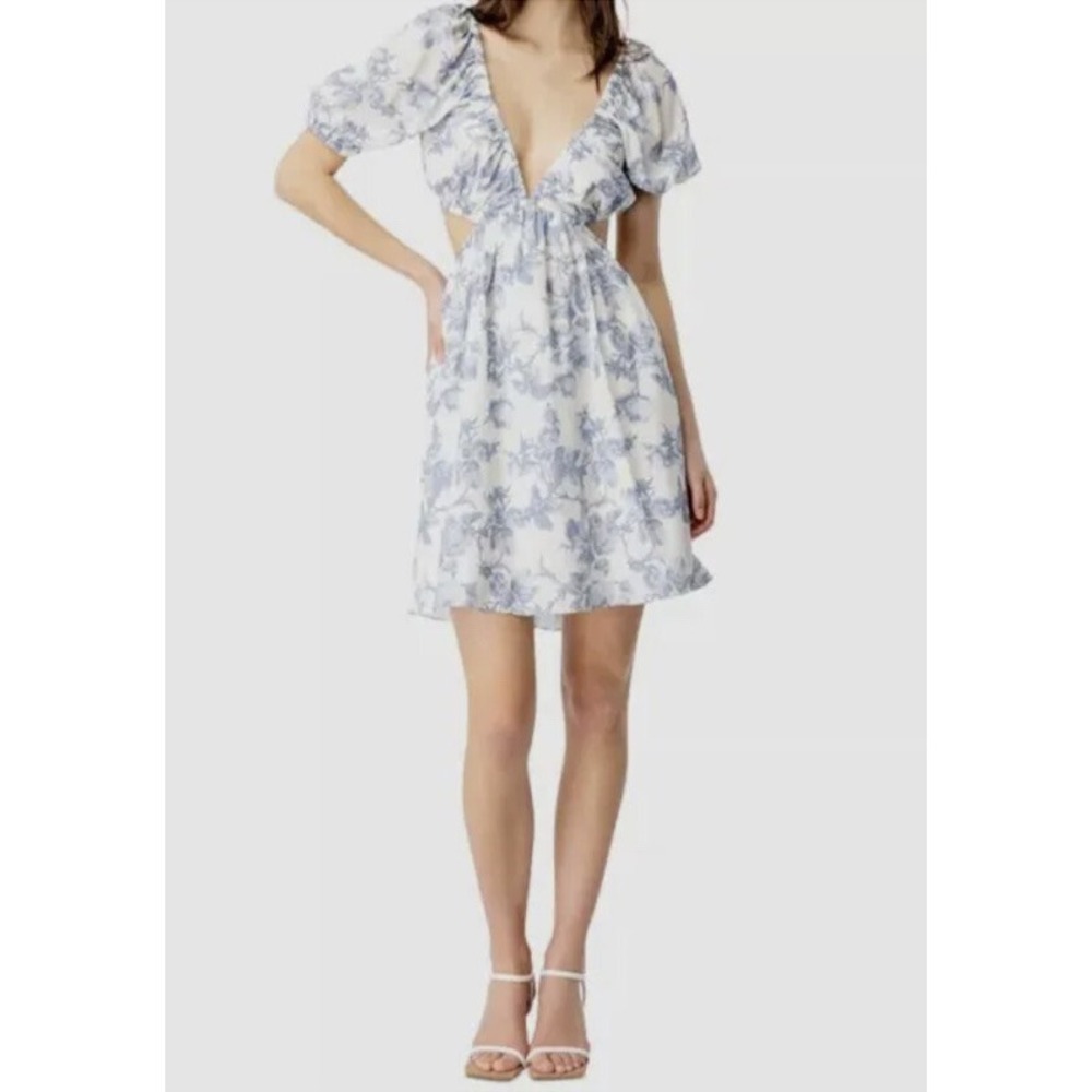 Bardot Blue White Floral Toile Cut Out Mini Dress Puff Sleeve US 10 XL NWT